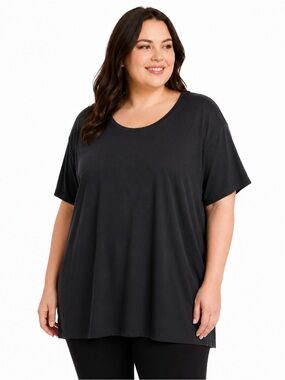 Eileen Fisher Black Tencel Boxy Top 3X Oversized Minimalist Stretch Short Sleeve